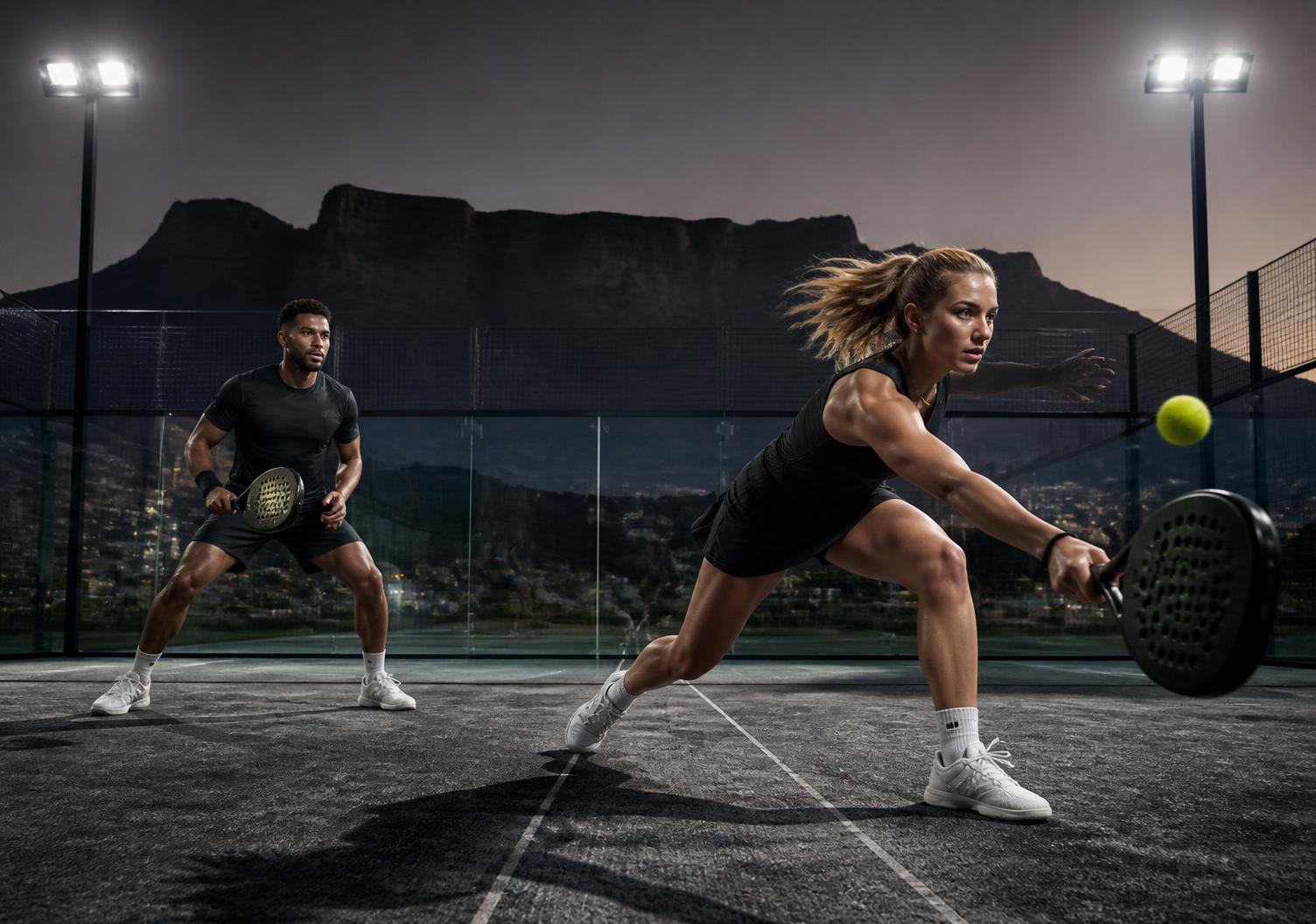Two padel players mid-rally on a floodlit court below Table Mountain