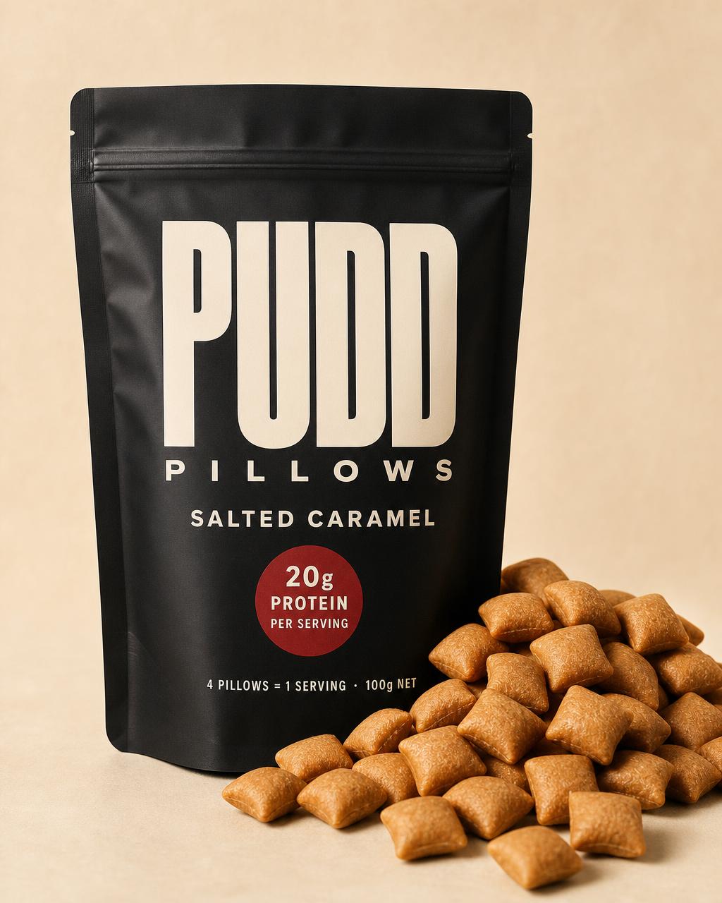 Full PUDD Salted Caramel pouch with protein bites spilling out