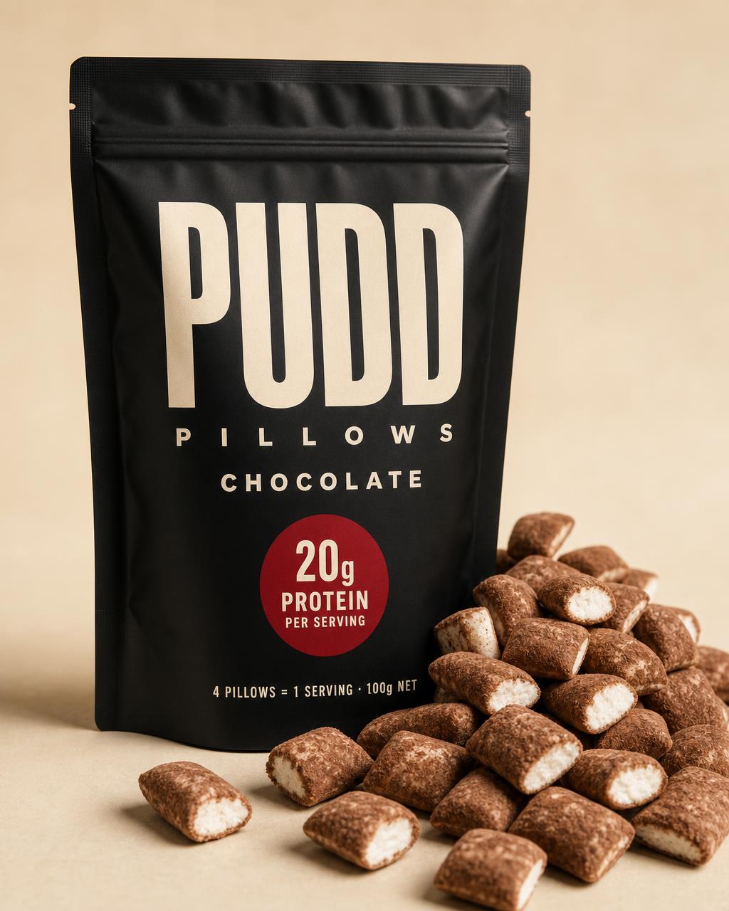 Full PUDD Double Chocolate pouch with protein bites spilling out