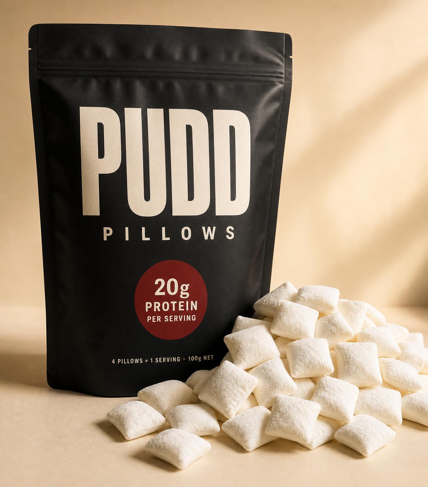Full PUDD matte black protein pouch with dozens of soft marshmallow protein bites spilling out